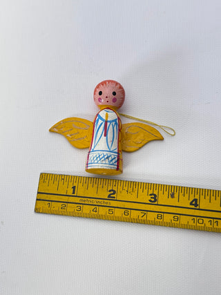 Vintage Painted Wooden Angel Christmas Ornament Yellow Wings Blue White Robe