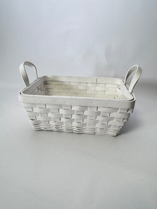 White Painted Woven Wood Splint Basket Double Handles Rectangular Cottage Decor