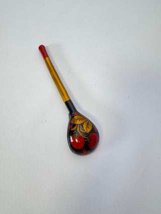 Khokhloma Style Painted Wooden Spoon Red Berries Gold Black Folk Art 6 Inch