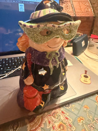 Ceramic painted Halloween Witch with 3D Green Glasses whimsical light up with candle