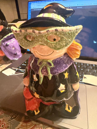 Ceramic painted Halloween Witch with 3D Green Glasses whimsical light up with candle