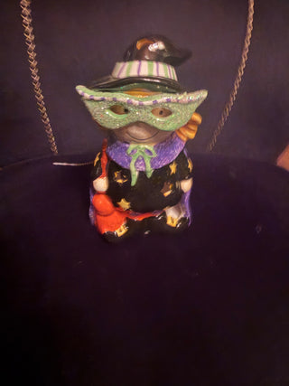 Ceramic painted Halloween Witch with 3D Green Glasses whimsical light up with candle