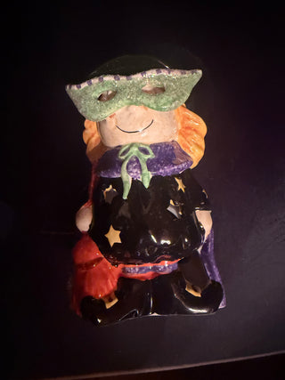 Ceramic painted Halloween Witch with 3D Green Glasses whimsical light up with candle