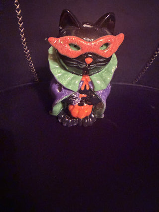 Ceramic painted Halloween Black Cat with 3D Orange Glasses whimsical that can be lit up with candle