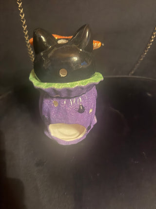 Ceramic painted Halloween Black Cat with 3D Orange Glasses whimsical that can be lit up with candle