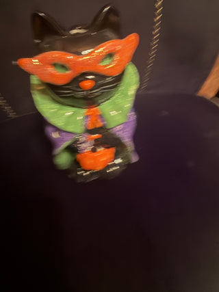 Ceramic painted Halloween Black Cat with 3D Orange Glasses whimsical that can be lit up with candle