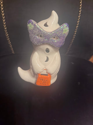 Ceramic painted Halloween White Ghost with 3D Purple  Glasses whimsical that can be lit up with candle