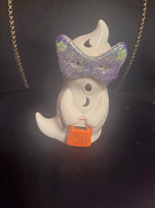 Ceramic painted Halloween White Ghost with 3D Purple  Glasses whimsical that can be lit up with candle