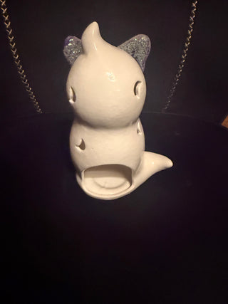 Ceramic painted Halloween White Ghost with 3D Purple  Glasses whimsical that can be lit up with candle