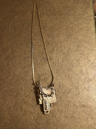 Gold Tone Western Saddle w/ Rhinestones Necklace