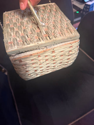 Vintage MCM Woven light blue woven rattan sewing basket & Blue pin cushion