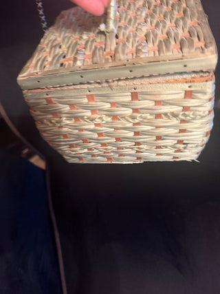 Vintage MCM Woven light blue woven rattan sewing basket & Blue pin cushion