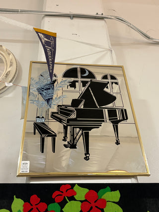 80s framed mirror w/ striking printed piano and fern