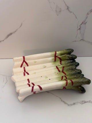 Antique Sarreguemines French Majolica Asparagus Cradle Platter | Hand-Painted Barbotine Serving Dish with Drainage Holes, Form 4177
