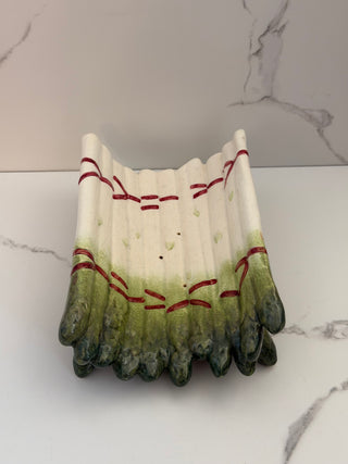 Antique Sarreguemines French Majolica Asparagus Cradle Platter | Hand-Painted Barbotine Serving Dish with Drainage Holes, Form 4177