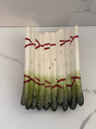 Antique Sarreguemines French Majolica Asparagus Cradle Platter | Hand-Painted Barbotine Serving Dish with Drainage Holes, Form 4177