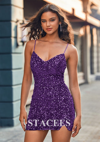 NWT Stacees Orchid Purple Sequin Mini Dress Size 14ish