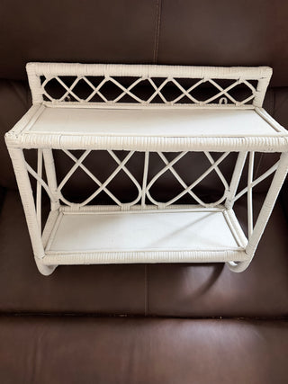 Vtg White Wicker Wall Shelf w/ towel bar