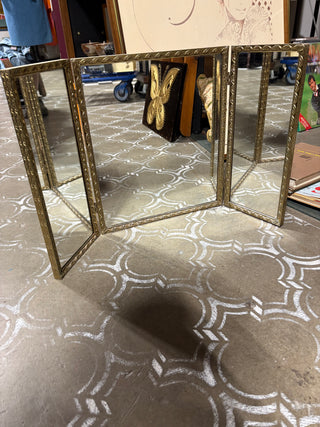 Vintage Brass Ornate Tri-Fold Vanity Mirror