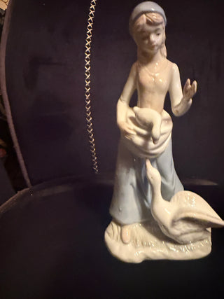 Lady Figurine Women With 2 Ducks Ceramic White Blue 8" Tall Collectible