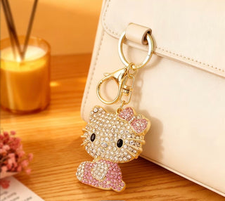 1pc Hello Kitty Keychain Hollow Heart Design Golden Pink Shiny Rhinestone Pendant Sanrio Style