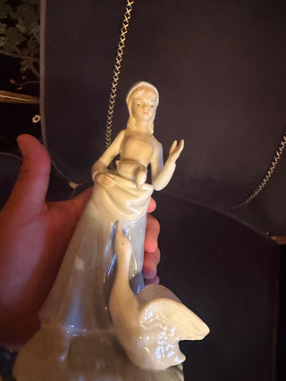Lady Figurine Women With 2 Ducks Ceramic White Blue 8" Tall Collectible