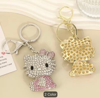 1pc Hello Kitty Keychain Hollow Heart Design Golden Pink Shiny Rhinestone Pendant Sanrio Style