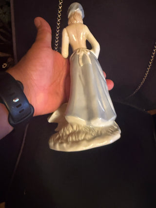 Lady Figurine Women With 2 Ducks Ceramic White Blue 8" Tall Collectible