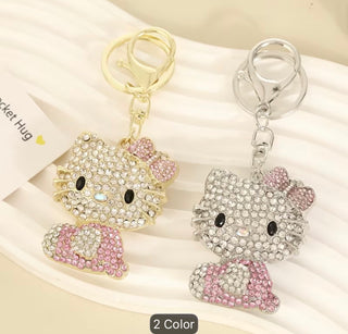 1pc Hello Kitty Keychain Hollow Heart Design Silver Pink Shiny Rhinestone Pendant Sanrio Style