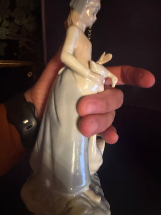 Lady Figurine Women With 2 Ducks Ceramic White Blue 8" Tall Collectible
