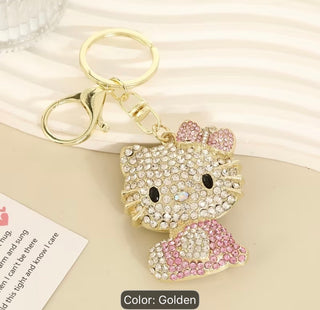 1pc Hello Kitty Keychain Hollow Heart Design Golden Pink Shiny Rhinestone Pendant Sanrio Style