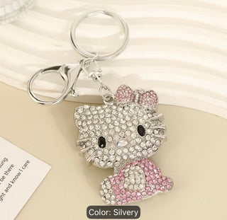 1pc Hello Kitty Keychain Hollow Heart Design Silver Pink Shiny Rhinestone Pendant Sanrio Style