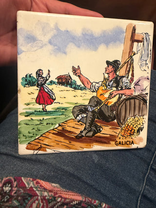 Vintage Spanish decorative ceramic tile representing the region of Galicia