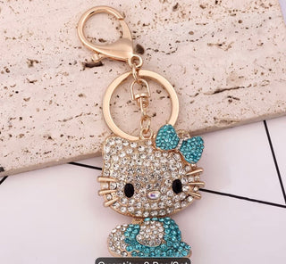 1pc Hello Kitty Keychain Hollow Heart Design Golden Blue Shiny Rhinestone Pendant Sanrio Style