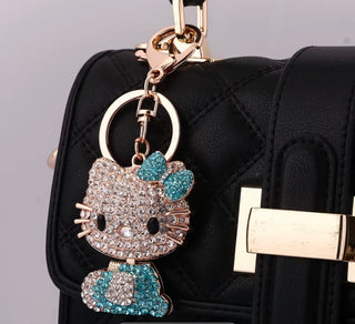 1pc Hello Kitty Keychain Hollow Heart Design Golden Blue Shiny Rhinestone Pendant Sanrio Style