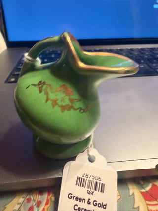 Green & Gold Ceramic miniature pitcher