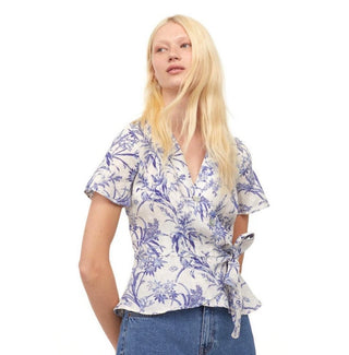 H&M 100% Linen Wrap Top Botanical Print Size L