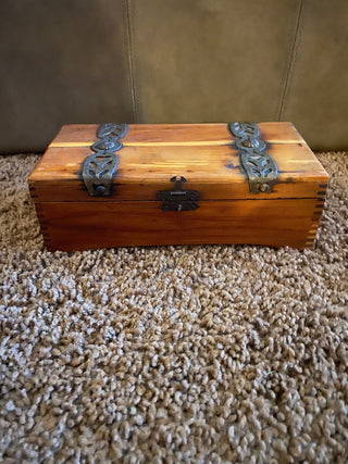 Vintage cedar wooden box with metal hardware