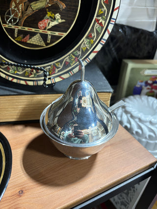Silver Pear Dish with Lid and Spoon