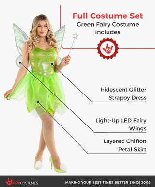 NEW Morph Costumes Women’s Green Fairy Costume & Wings Tinker Bell Size L