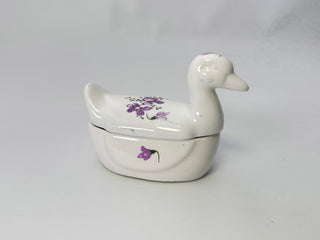 White Ceramic Duck Trinket Box Purple Floral Lidded Decorative Dish