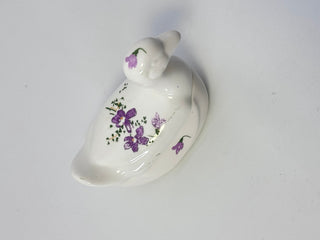 White Ceramic Duck Trinket Box Purple Floral Lidded Decorative Dish