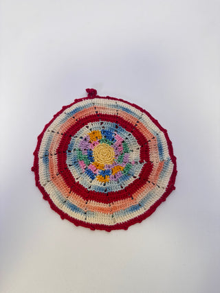 Round Crochet Potholder Multicolor Red Blue Cream Pink Yellow Approx 6 Inch