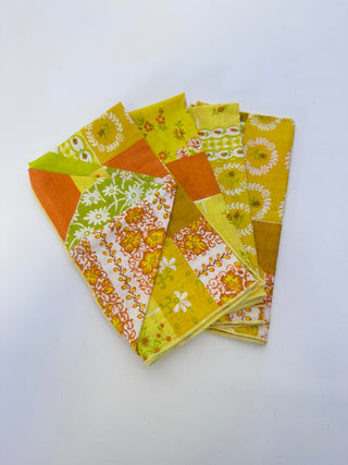 Set 4 Cloth Napkins Patchwork Print Yellow Orange Green Floral Approx 16 Inch