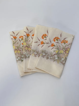 4 Ivory Floral Print Cloth Napkins Orange Flowers Olive Brown Border 17 Inch