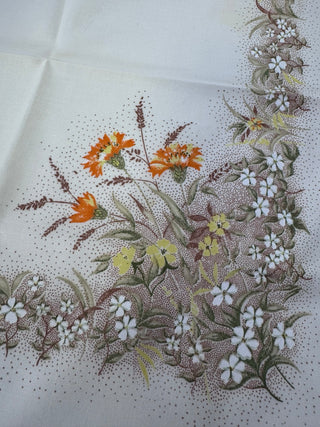4 Ivory Floral Print Cloth Napkins Orange Flowers Olive Brown Border 17 Inch