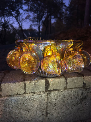 JP Indiana Glass Harvest Grape (or Princess) Marigold Carnival Glass Punch Bowl Set