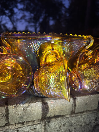 JP Indiana Glass Harvest Grape (or Princess) Marigold Carnival Glass Punch Bowl Set