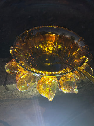 JP Indiana Glass Harvest Grape (or Princess) Marigold Carnival Glass Punch Bowl Set