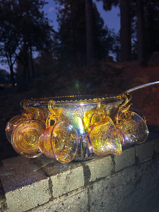 JP Indiana Glass Harvest Grape (or Princess) Marigold Carnival Glass Punch Bowl Set